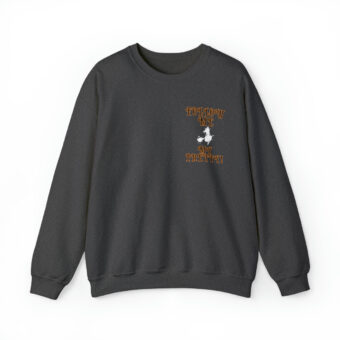 A black sweatshirt with an orange and white design.