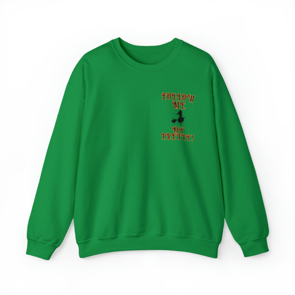 A green sweatshirt with an embroidered design on the front.