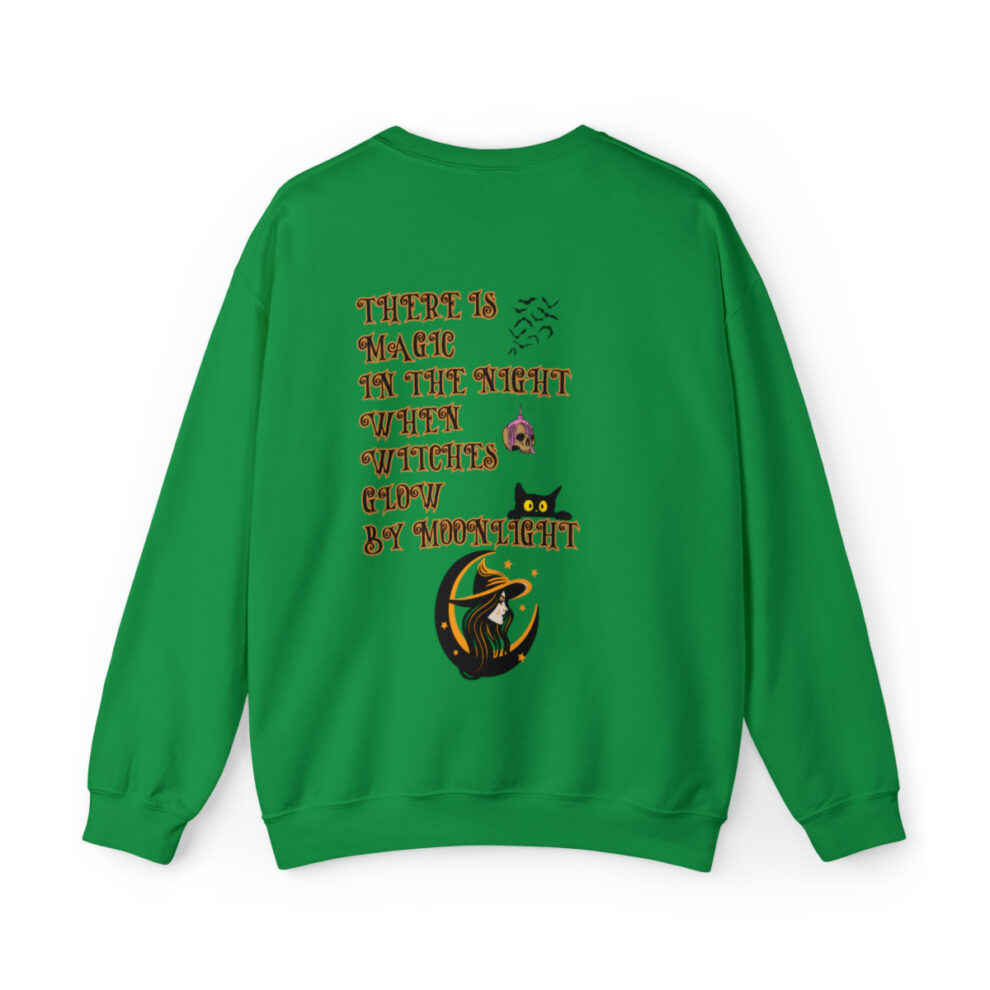 A green sweatshirt with an image of a cat on it.