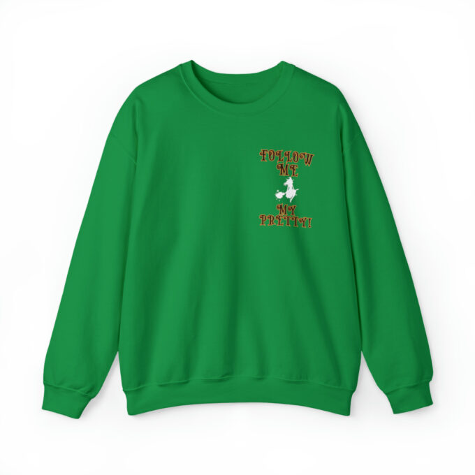 A green sweatshirt with an embroidered design on the front.