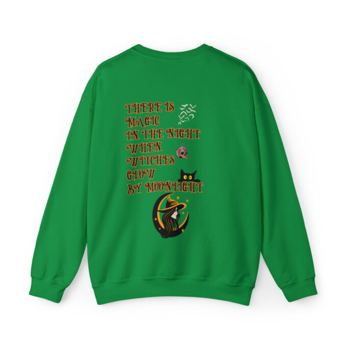 A green sweatshirt with an image of a cat on it.
