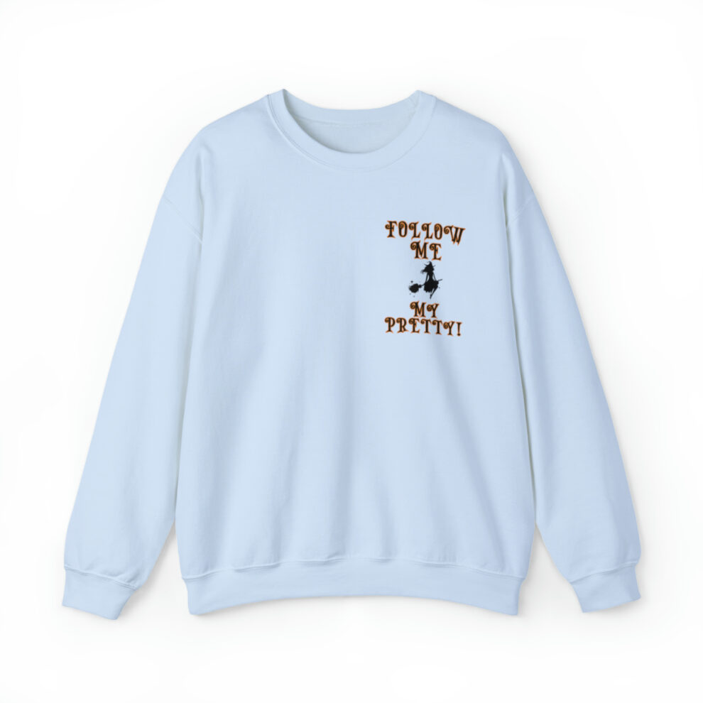 A light blue sweatshirt with an image of a person holding something.