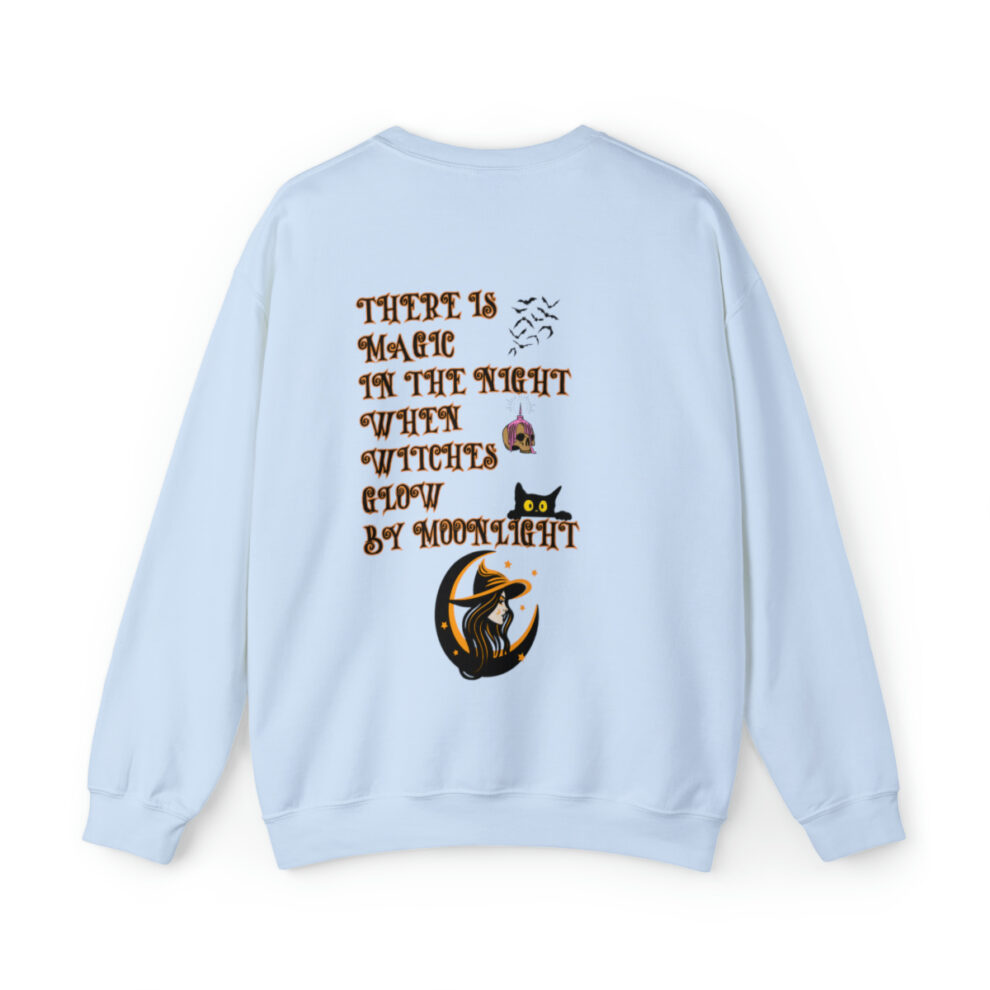 A light blue sweatshirt with an image of a cat and words.