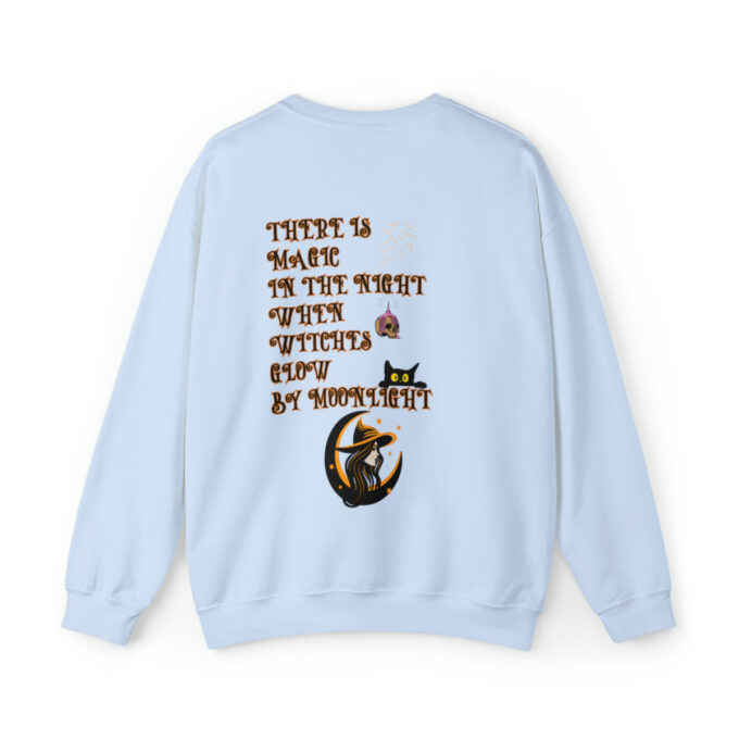 A light blue sweatshirt with an image of a cat and words.