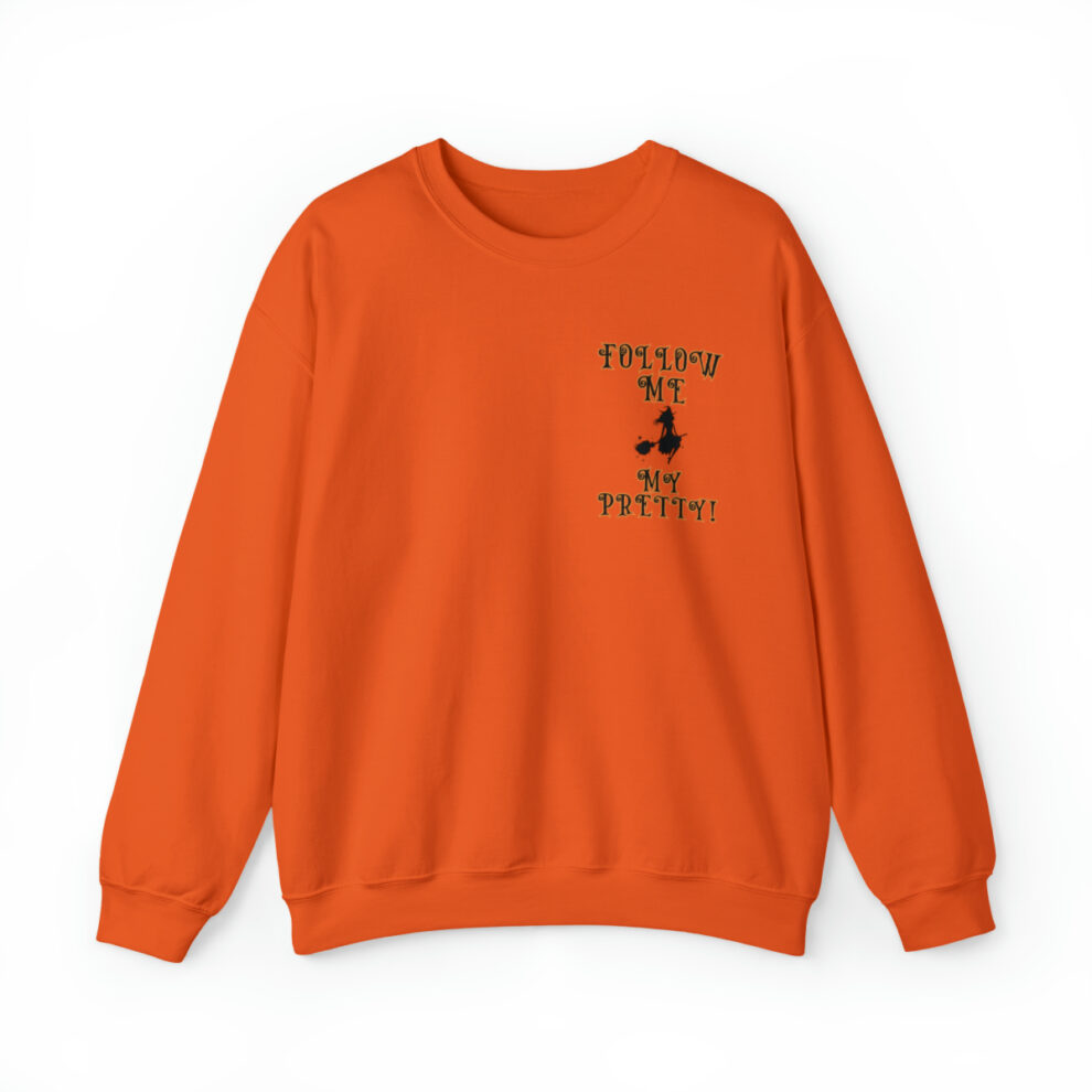 A sweatshirt with an orange background and black lettering.