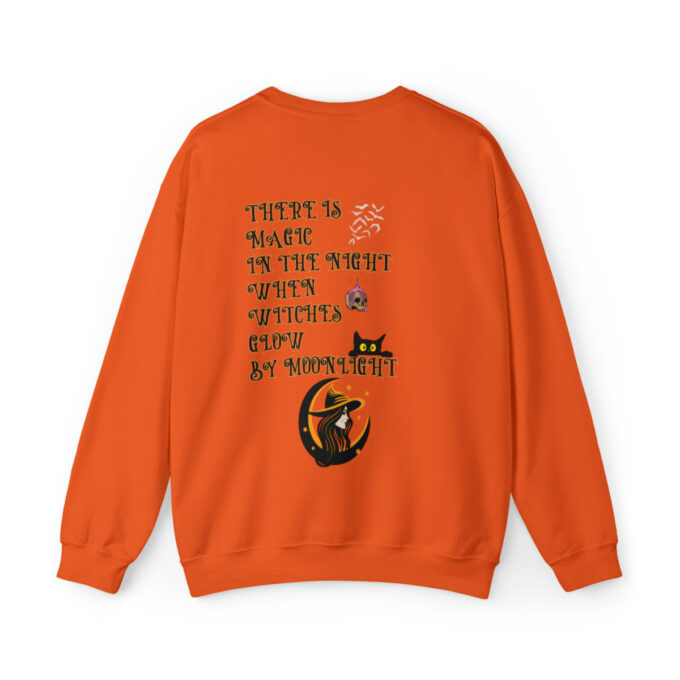 A sweatshirt with an orange background and black writing.