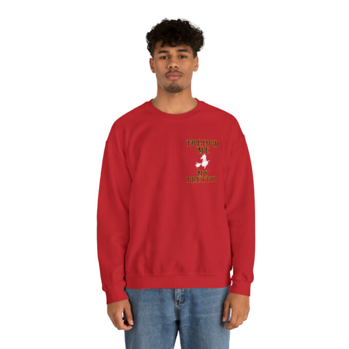A man in red sweatshirt with a deer on the front.