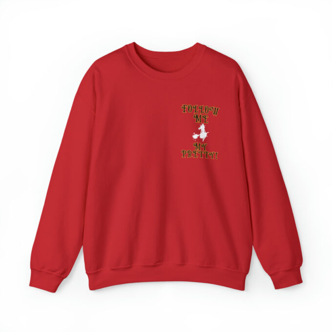 A red sweatshirt with a design on the front.