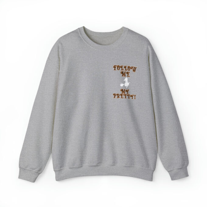 A gray sweatshirt with an image of a person holding something.