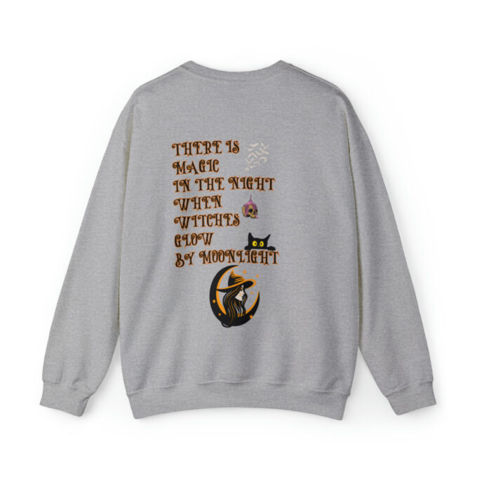 A gray sweatshirt with an image of a cat on it.