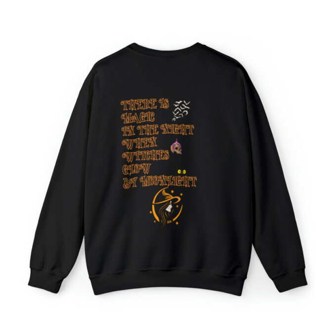 A black sweatshirt with an orange and yellow design.