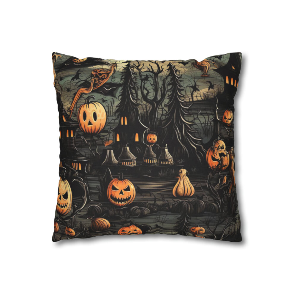 A pillow with a picture of a castle and pumpkins.