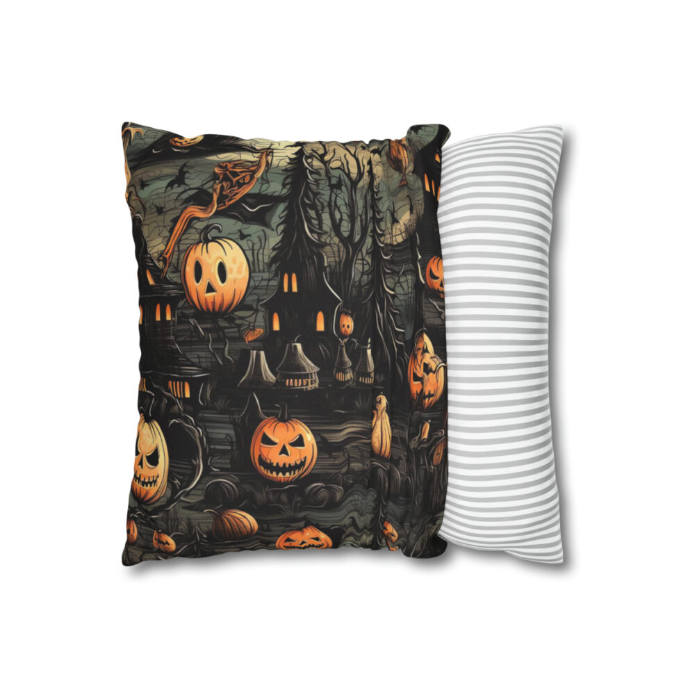 A pillow with a picture of pumpkins and bats.