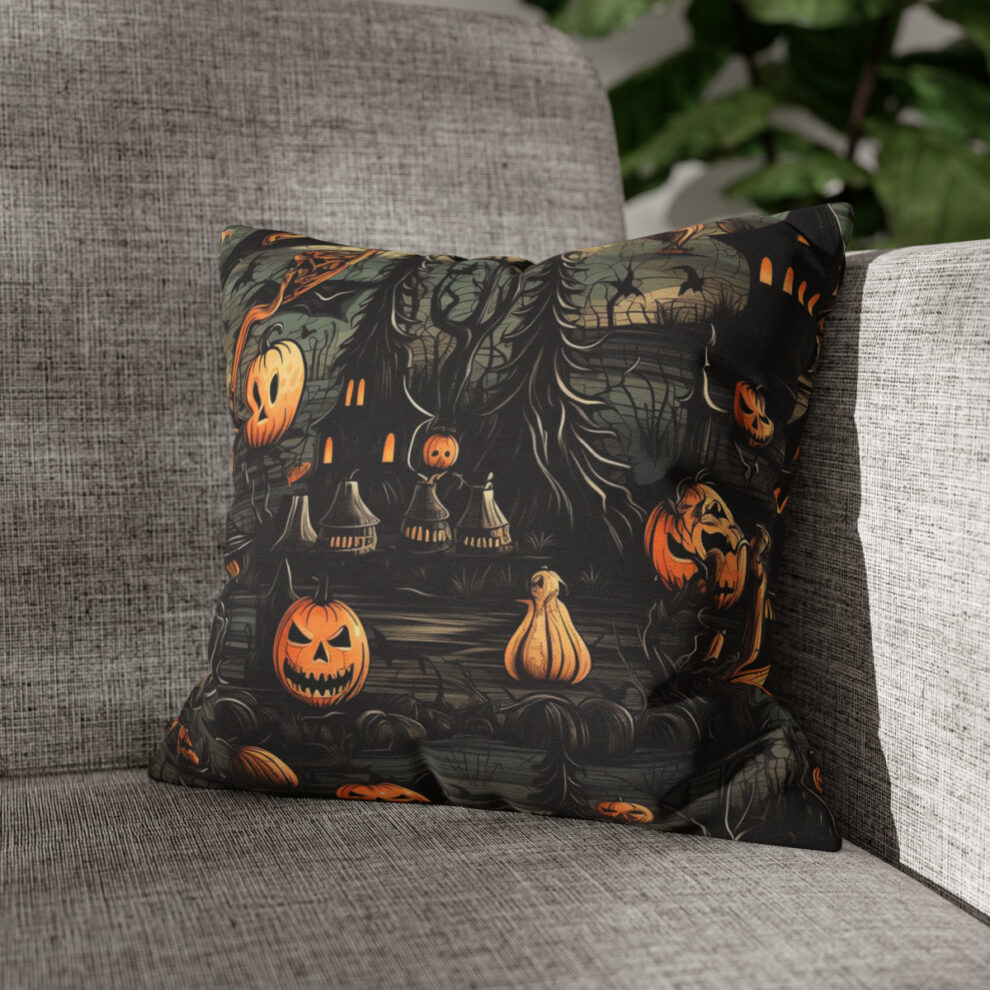 A couch with a pillow on it that has a picture of pumpkins and bats.