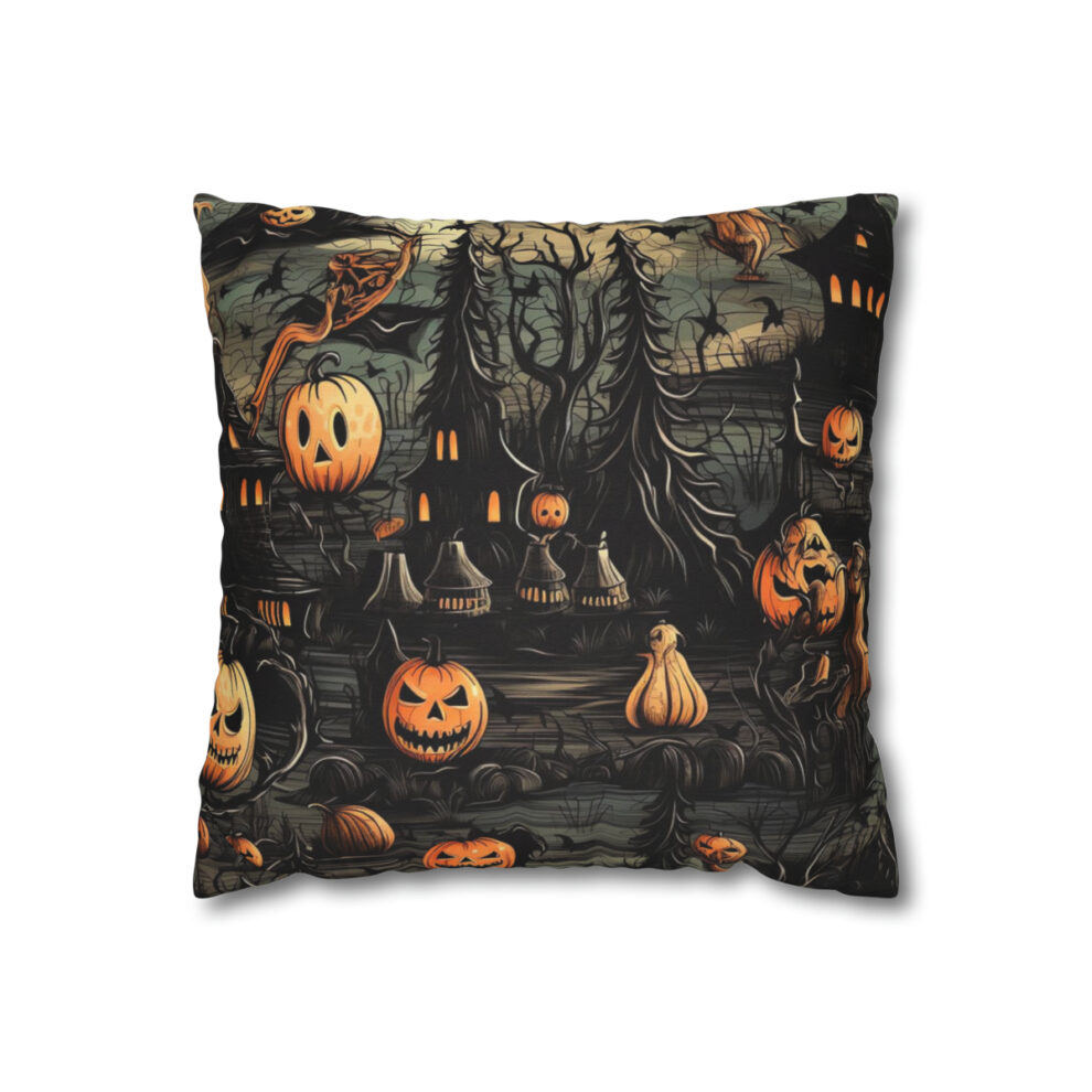 A pillow with a picture of pumpkins and a castle.