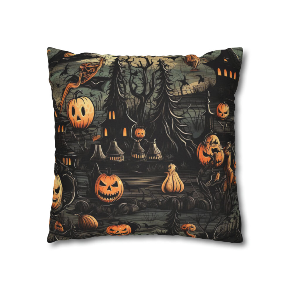 A pillow with a picture of pumpkins and bats.