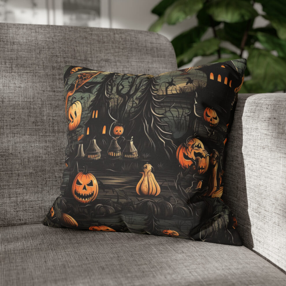 A couch with a pillow on it that has a picture of pumpkins.