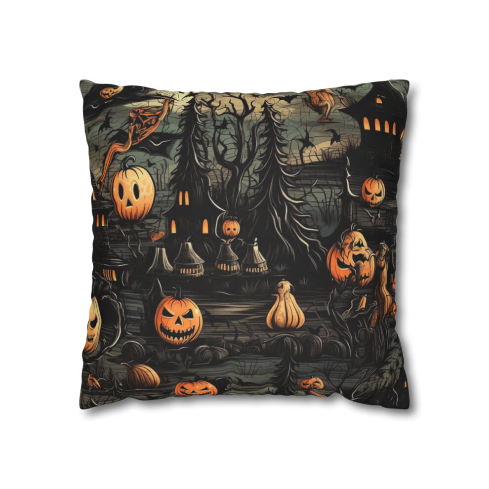 A pillow with a picture of pumpkins and bats.