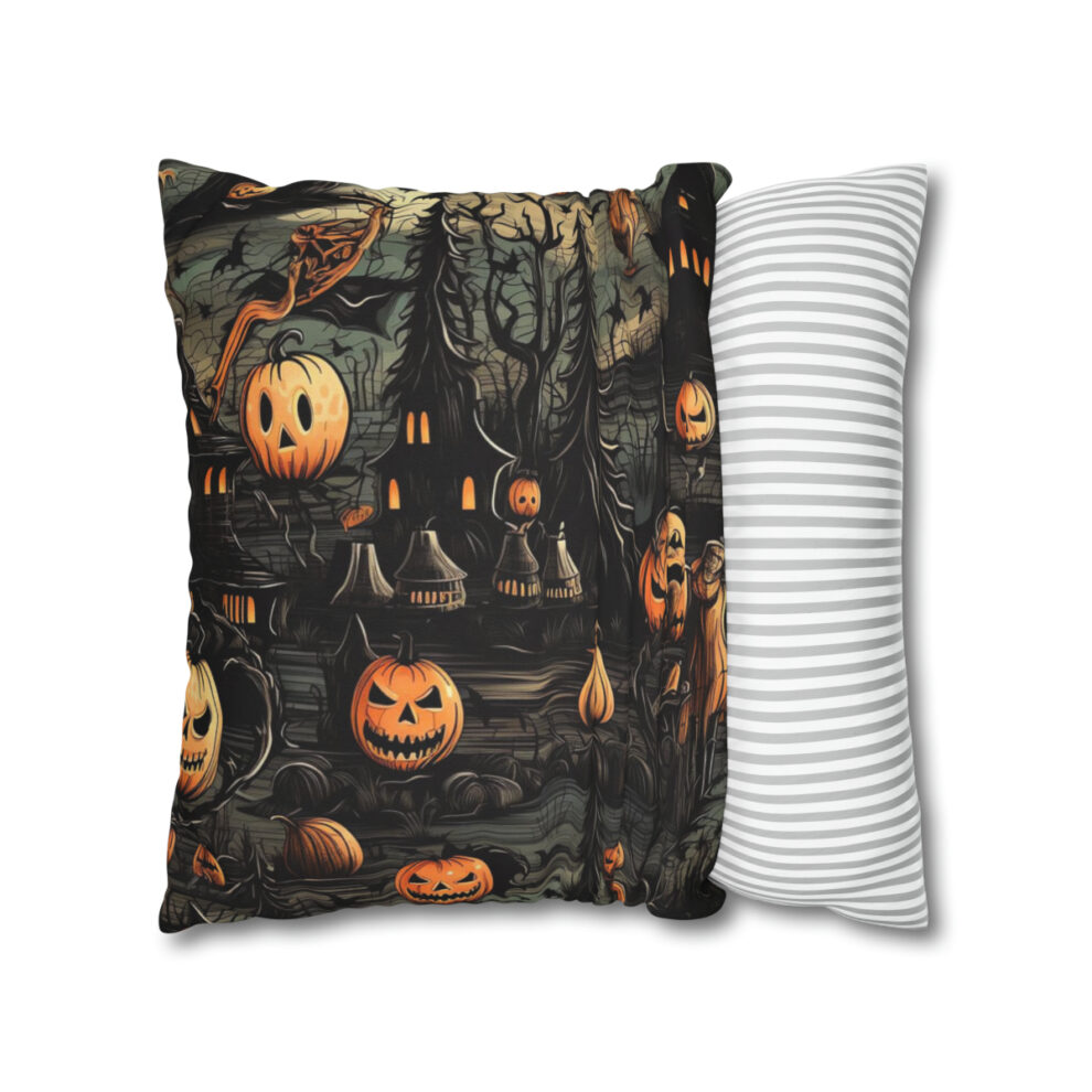 A pillow with a pattern of pumpkins and bats.