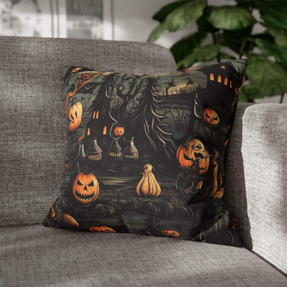 A couch with a pillow on it that has a picture of pumpkins and a tree.