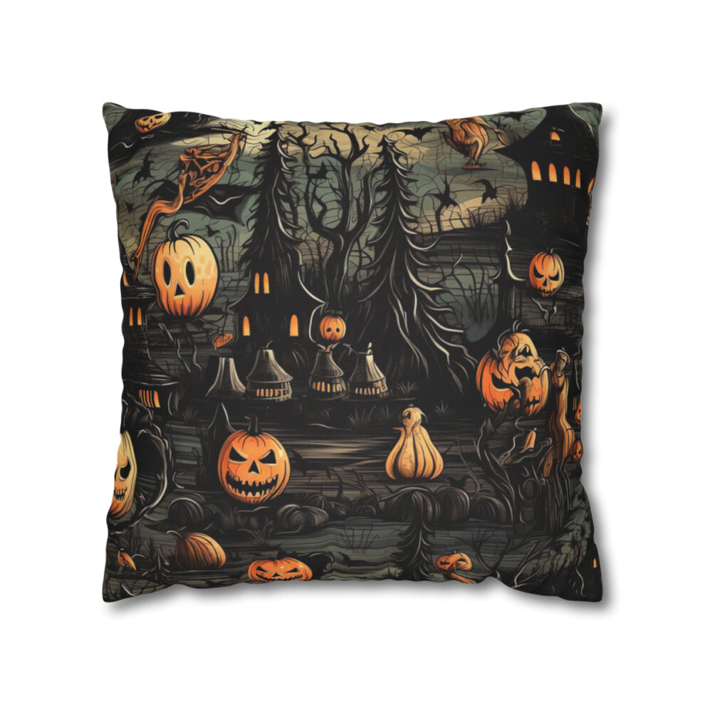 A pillow with a picture of pumpkins and bats.