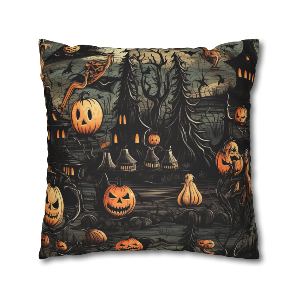 A pillow with halloween decorations on it.