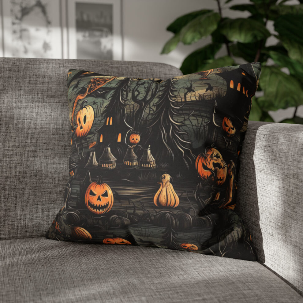 A couch with a pillow on it that has halloween decorations.
