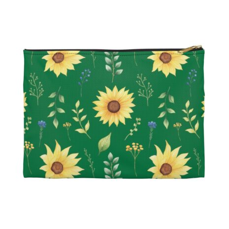 A green bag with yellow flowers and plants.