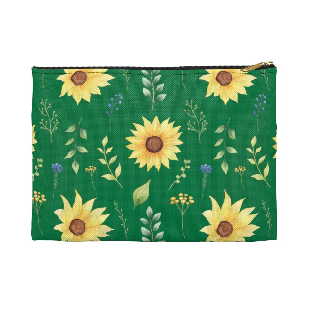 A green bag with yellow flowers and plants.