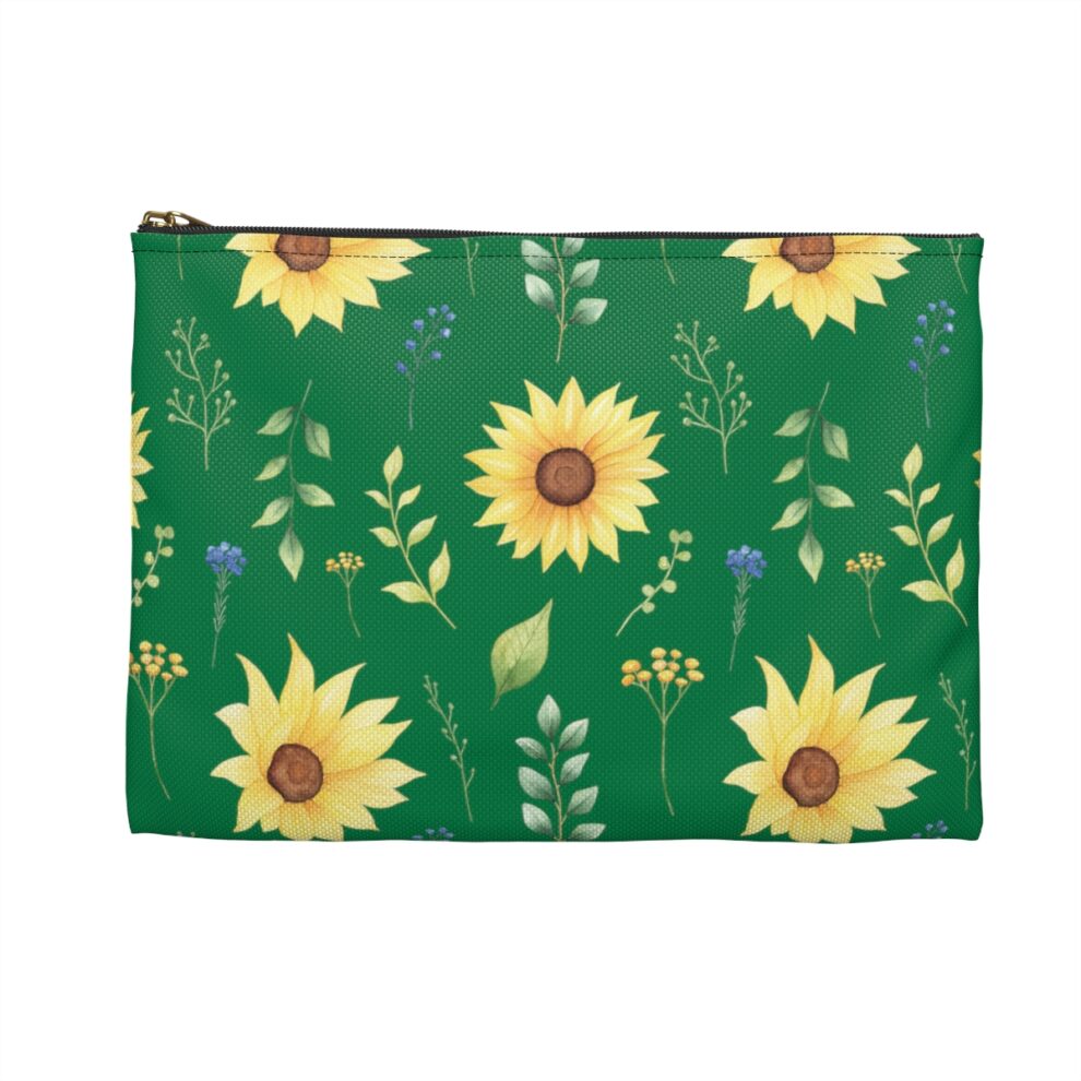A green bag with yellow sunflowers and leaves.