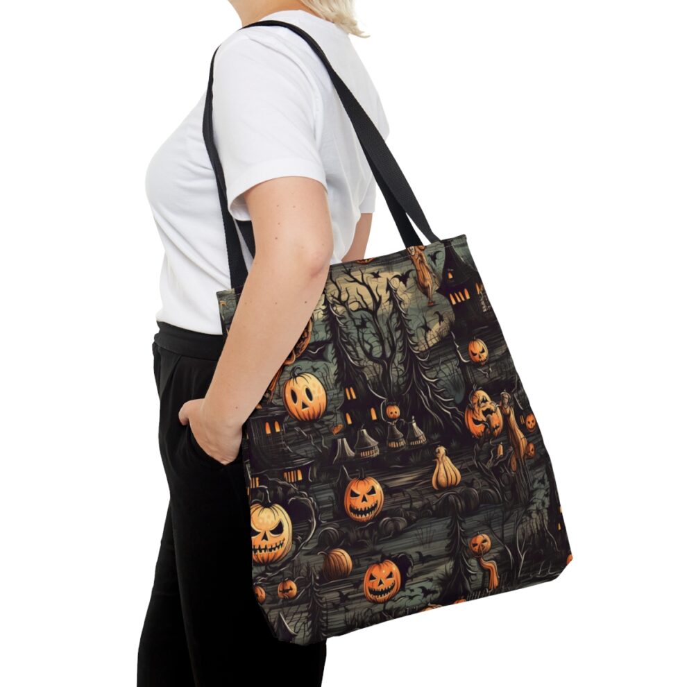 A person holding onto a bag with pumpkins on it