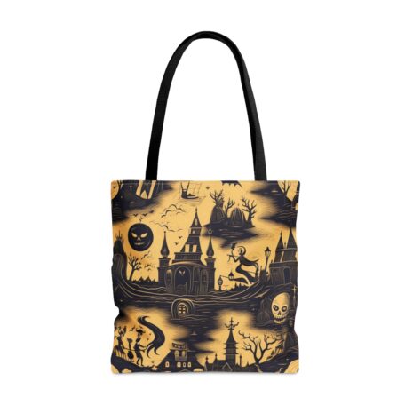 A black and yellow bag with a picture of a castle.