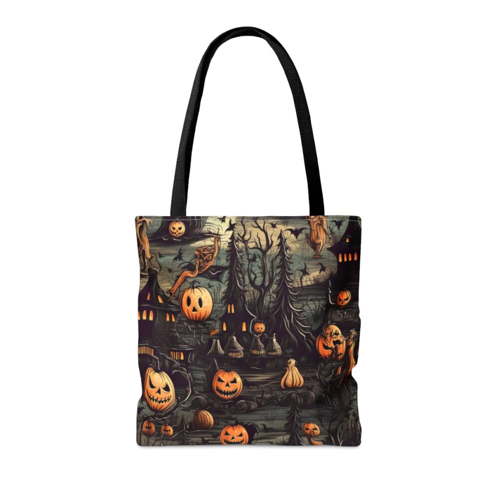 A black and white bag with halloween themed images.