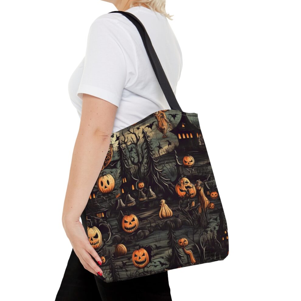 A person holding onto a bag with pumpkins on it