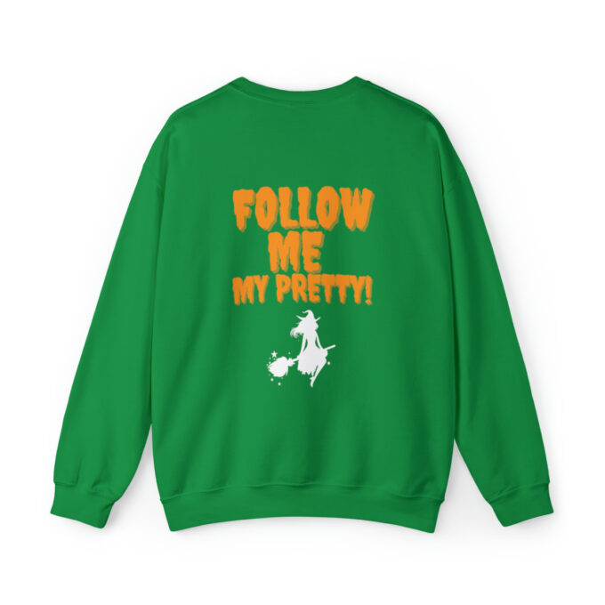 A green sweatshirt with the words " follow me my pretty !" on it.