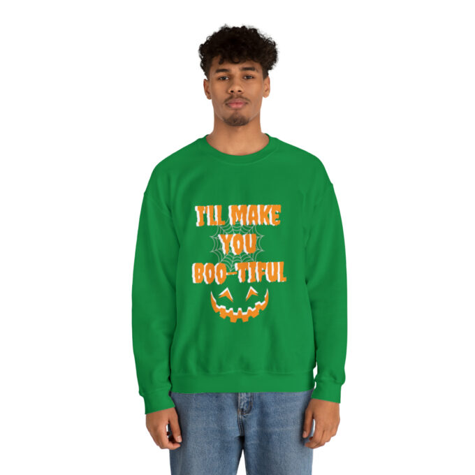 A man wearing a green sweatshirt with the words " i 'll take you dog-eye ".