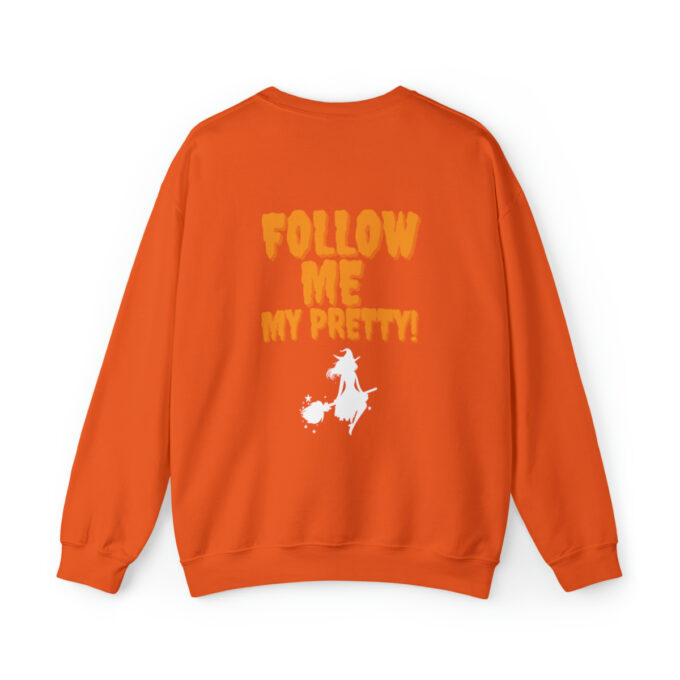 A orange sweatshirt with the words " follow me my pretty !" on it.