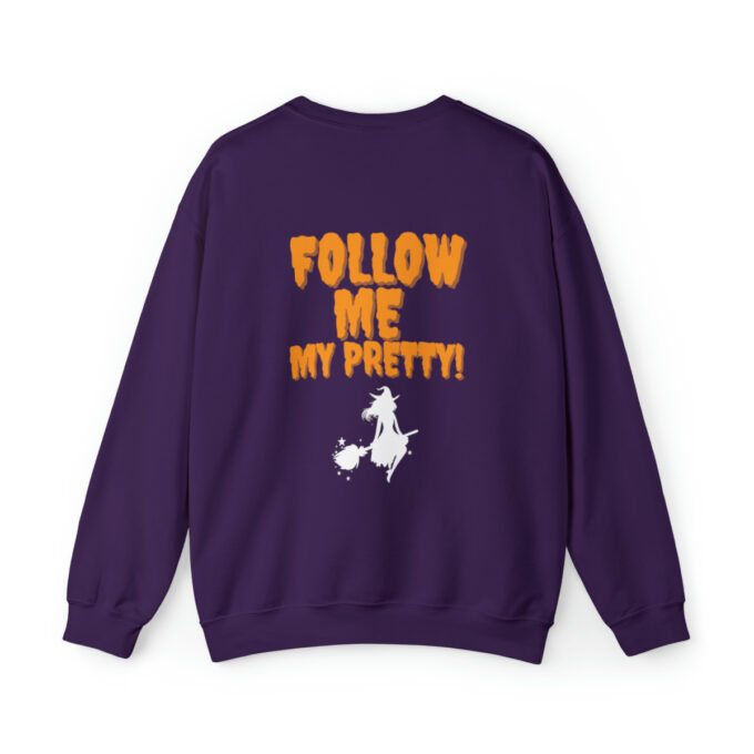 A purple sweatshirt with the words " follow me my pretty !" on it.