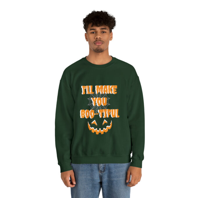 A man wearing a green sweatshirt with the words " i 'll make you dog-tiful ".