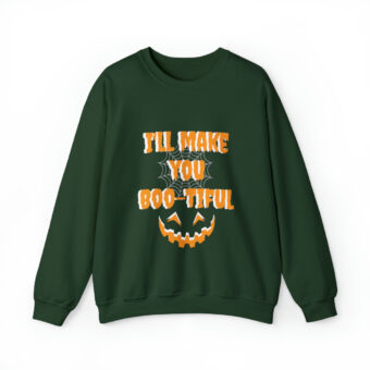 A green sweatshirt with an image of a pumpkin.