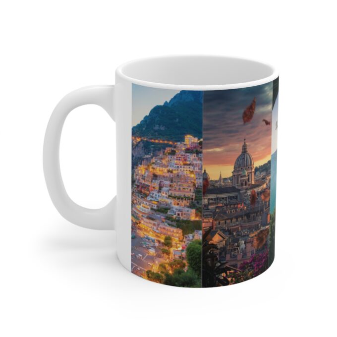 A mug with a picture of the city and mountains