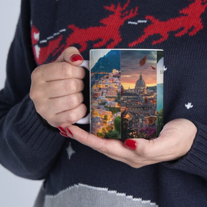 A woman holding a mug with a picture of the city.