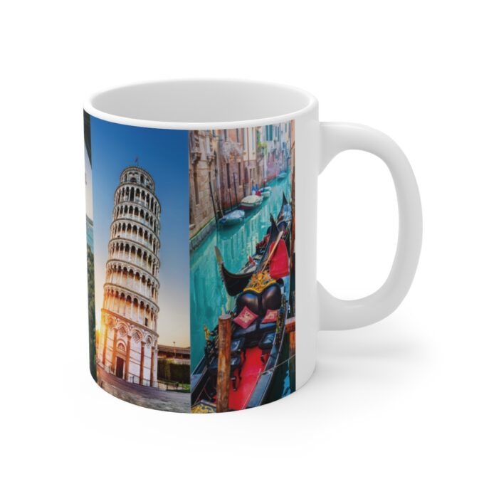 A coffee mug with pictures of different places.