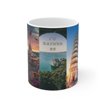 A mug with different pictures of the same place