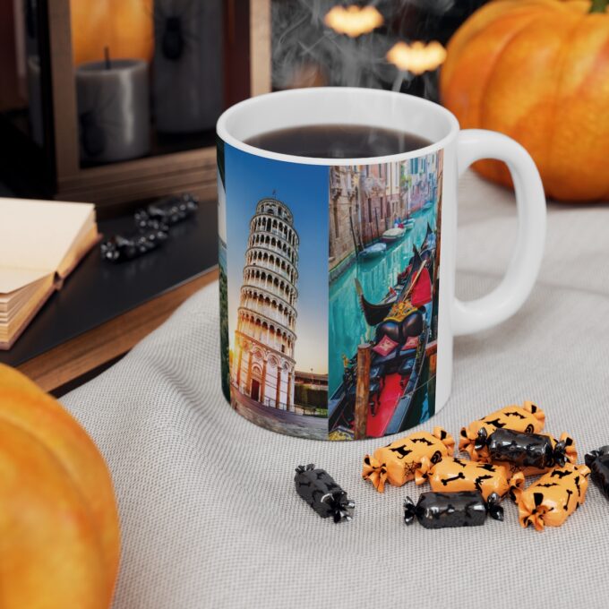 A coffee mug with a picture of the tower of pisa on it.