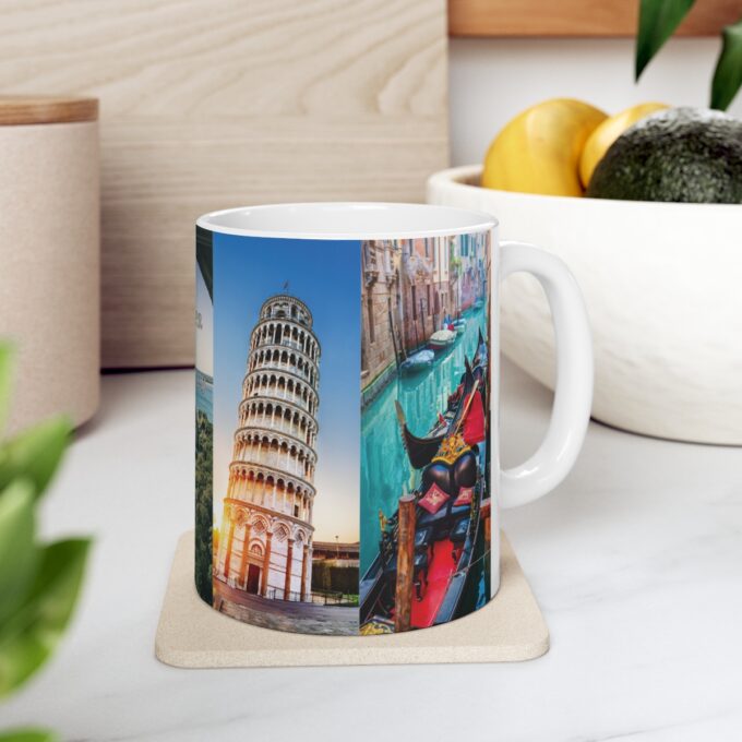 A mug with the image of a leaning tower of pisa on it.