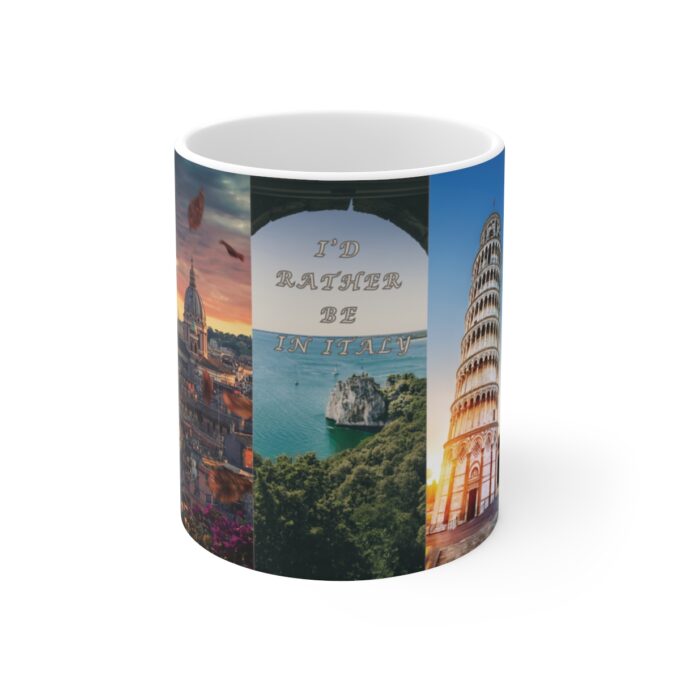 A mug with different pictures of the same place