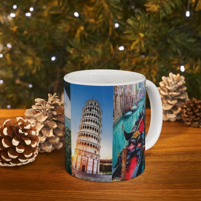 A coffee mug with an image of the leaning tower of pisa.