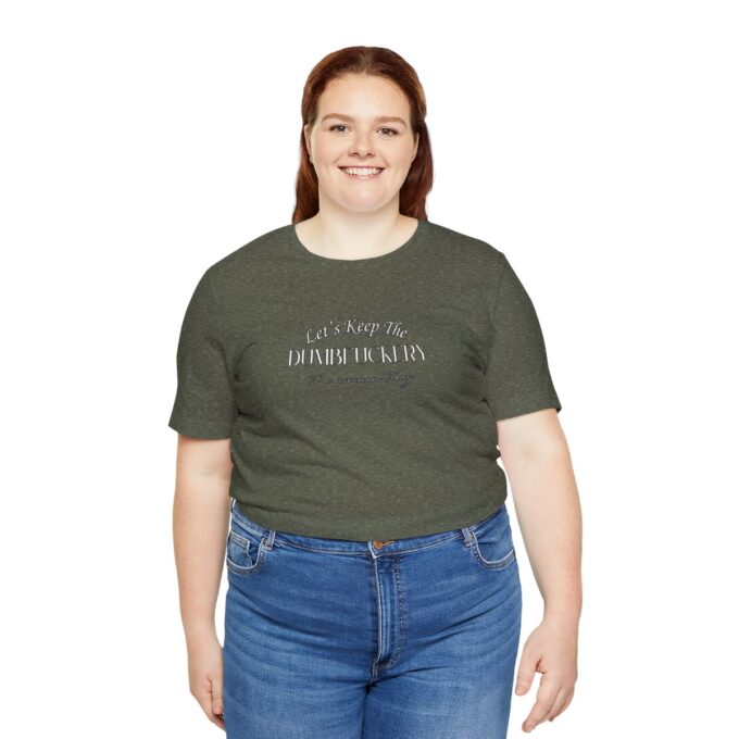 A woman wearing jeans and a t-shirt with the words " i am not fat ".