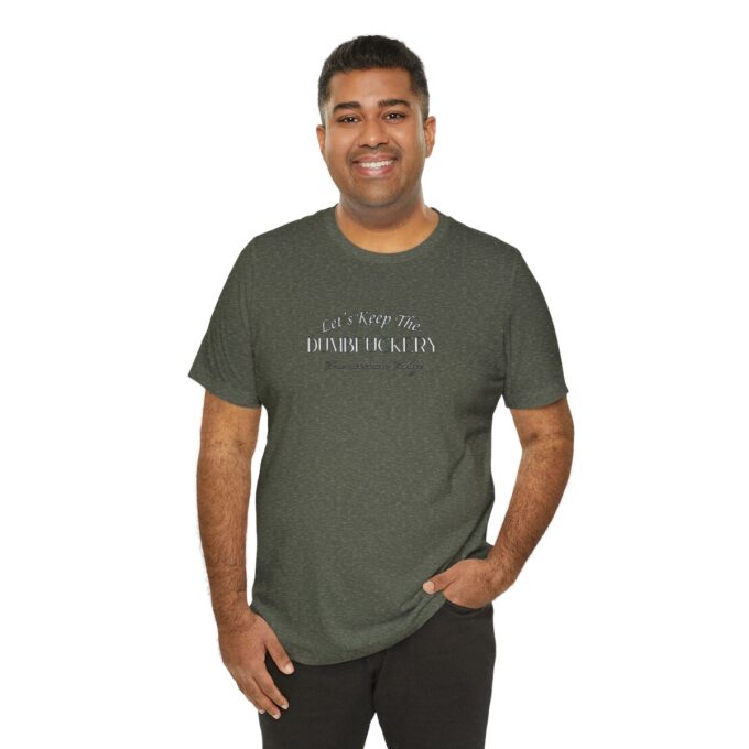 A man wearing a t-shirt with the words " i am not afraid of heights."